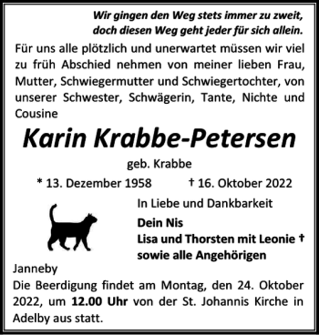 Traueranzeige von Karin Krabbe-Petersen von Flensburger Tageblatt