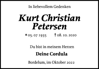 Traueranzeige von Kurt Christian Petersen von Husumer Nachrichten