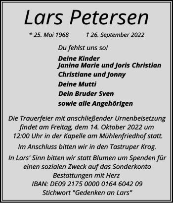 Traueranzeige von Lars Petersen von Flensburger Tageblatt