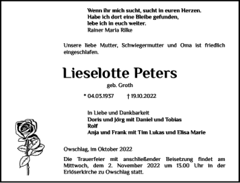 Traueranzeige von Lieselotte Peters von Landeszeitung