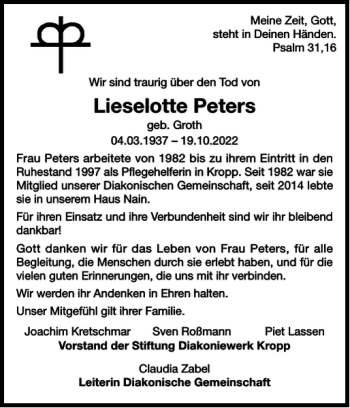 Traueranzeige von Lieselotte Peters von Landeszeitung