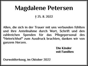 Traueranzeige von Magdalene Petersen von Nordfriesland Tageblatt