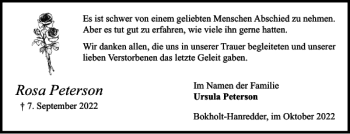Traueranzeige von Rosa Peterson von Elmshorner Nachrichten