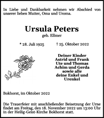 Traueranzeige von Ursula Peters von Holsteinischer Courier
