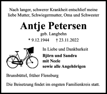 Traueranzeige von Antje Petersen von Flensburger Tageblatt