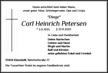 Traueranzeige von Carl Heinrich Petersen von Nordfriesland Tageblatt