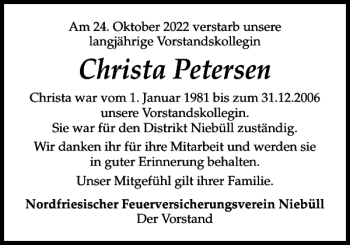 Traueranzeige von Christa Petersen von Nordfriesland Tageblatt
