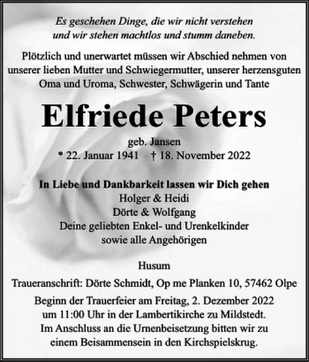 Traueranzeige von Elfriede Peters von Husumer Nachrichten
