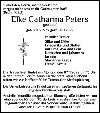 Traueranzeige von Elke Catharina Peters von Husumer Nachrichten