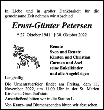 Traueranzeige von Ernst-Günter Petersen von Flensburger Tageblatt