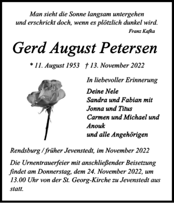 Traueranzeige von Gerd August Petersen von Landeszeitung