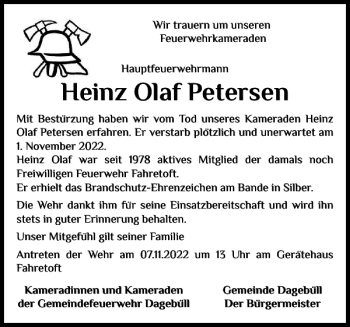 Traueranzeige von Heinz Olaf Petersen von Nordfriesland Tageblatt