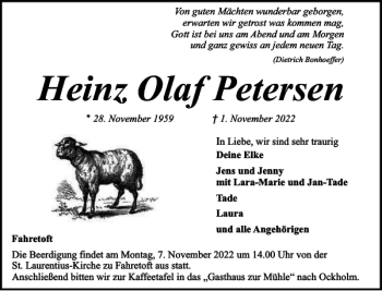 Traueranzeige von Heinz Olaf Petersen von Husumer Nachrichten