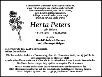 Traueranzeige von Herta Peters von Flensburger Tageblatt