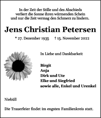Traueranzeige von Jens Christian Petersen von Nordfriesland Tageblatt
