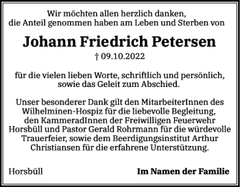 Traueranzeige von Johann Friedrich Petersen von Nordfriesland Tageblatt