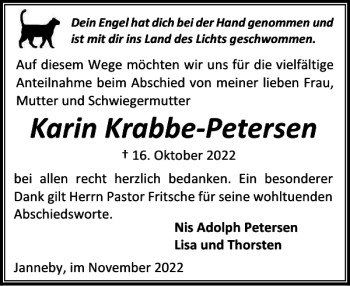 Traueranzeige von Karin Krabbe-Petersen von Flensburger Tageblatt
