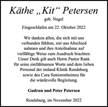 Traueranzeige von Käthe Kit Petersen von Landeszeitung
