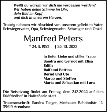 Traueranzeige von Manfred Peters von Nordfriesland Tageblatt