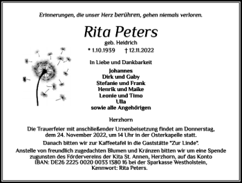 Traueranzeige von Rita Peters von Norddeutsche Rundschau