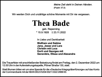 Traueranzeige von Thea Bade von Holsteinischer Courier