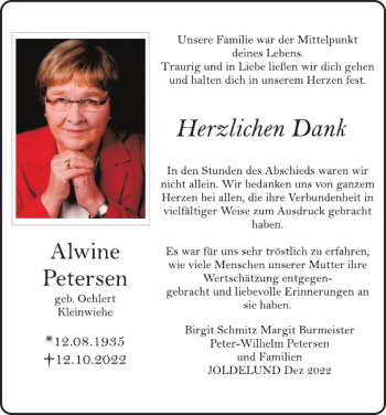 Traueranzeige von Alwine Petersen von Flensburger Tageblatt