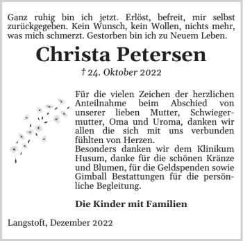 Traueranzeige von Christa Petersen von Nordfriesland Tageblatt