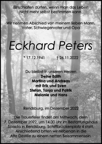Traueranzeige von Eckhard Peters von Landeszeitung