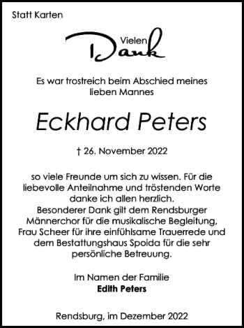 Traueranzeige von Eckhard Peters von Landeszeitung