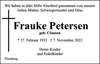 Traueranzeige von Frauke Petersen von Flensburger Tageblatt
