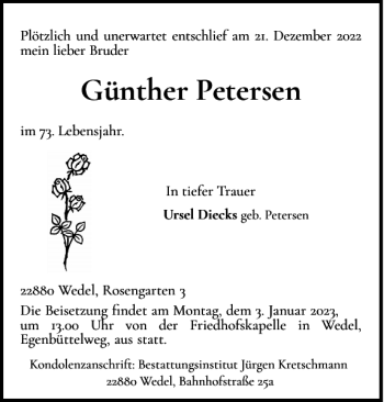 Traueranzeige von Günther Petersen von Wedel-Schulauer Tageblatt