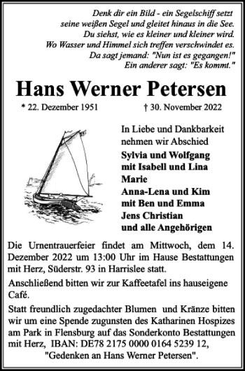 Traueranzeige von Hans Werner Petersen von Flensburger Tageblatt