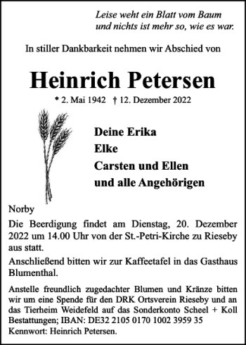 Traueranzeige von Heinrich Petersen von Eckernförder Zeitung