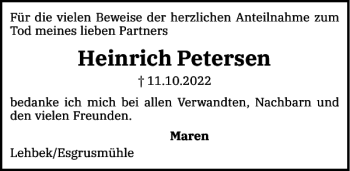 Traueranzeige von Heinrich Petersen von Flensburger Tageblatt
