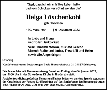 Traueranzeige von Helga Löschenkohl von Schleswiger Nachrichten