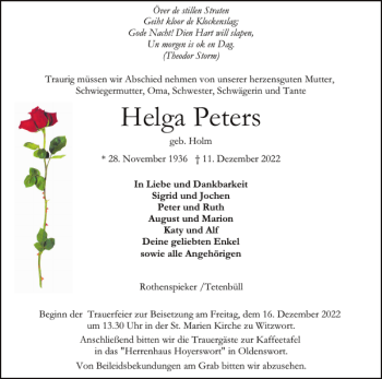 Traueranzeige von Helga Peters von Husumer Nachrichten