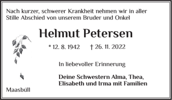 Traueranzeige von Helmut Petersen von Nordfriesland Tageblatt