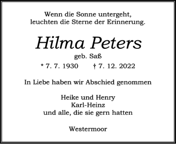 Traueranzeige von Hilma Peters von Norddeutsche Rundschau