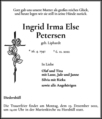 Traueranzeige von Ingrid Irma Else Petersen von Nordfriesland Tageblatt