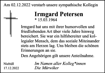 Traueranzeige von Irmgard Petersen von Nordfriesland Tageblatt