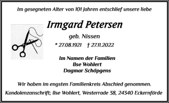 Traueranzeige von Irmgard Petersen von Eckernförder Zeitung
