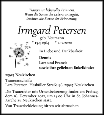 Traueranzeige von Irmgard Petersen von Nordfriesland Tageblatt