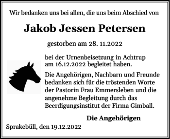 Traueranzeige von Jakob Jessen Petersen von Nordfriesland Tageblatt