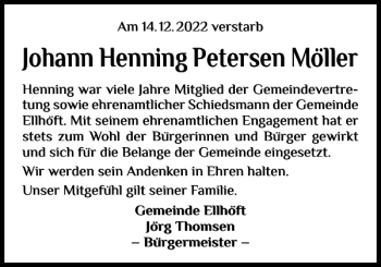 Traueranzeige von Johann Henning Petersen Möller von Husumer Nachrichten