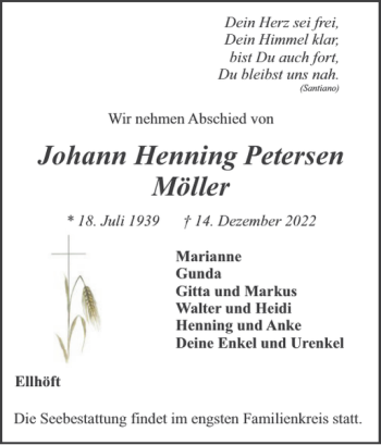 Traueranzeige von Johann Henning Petersen Möller von Nordfriesland Tageblatt