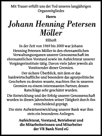 Traueranzeige von Johann Henning Petersen Möller von Nordfriesland Tageblatt