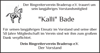 Traueranzeige von Kalli Bade von Nordfriesland Tageblatt