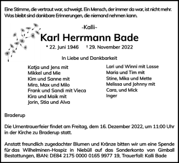 Traueranzeige von Karl Herrmann Bade von Nordfriesland Tageblatt