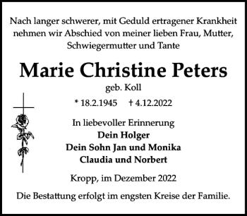 Traueranzeige von Marie Christine Peters von Landeszeitung