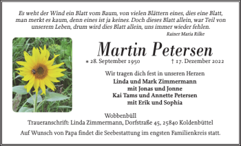 Traueranzeige von Martin Petersen von Husumer Nachrichten